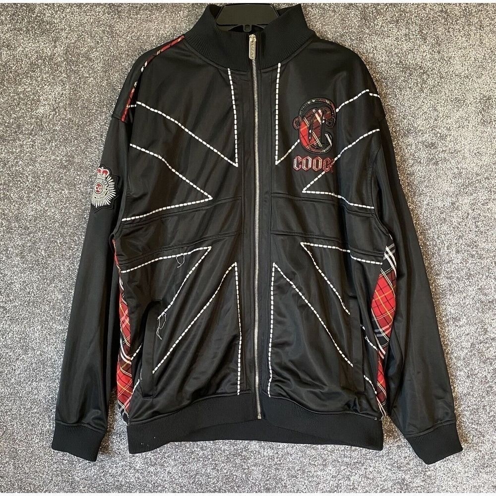 Y2k Coogi Jacket Mens XXL Track Plaid Spellout Grunge Embroidered Black British
